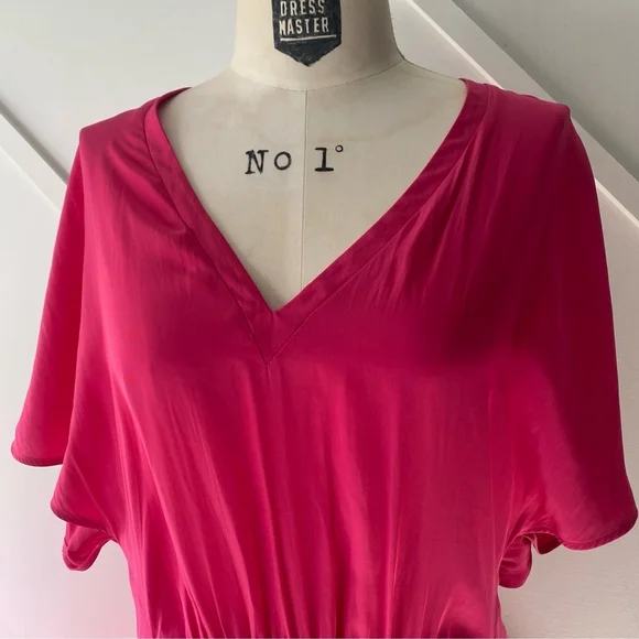 Maje V Neck Short Sleeve Fuschia Pink Flowy Mini Dress - 3 (approx M) - Picture 6 of 16